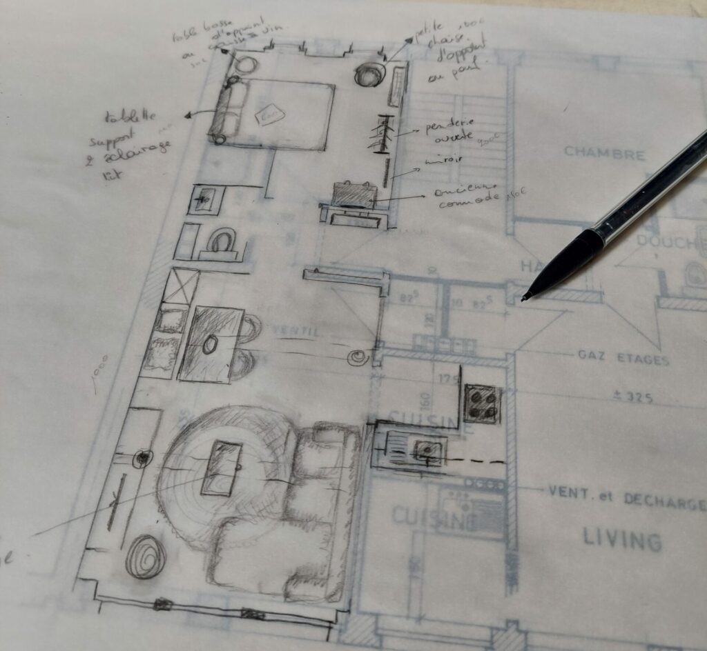 Plan esquissé aménagement appartement une chambre en location RBNB